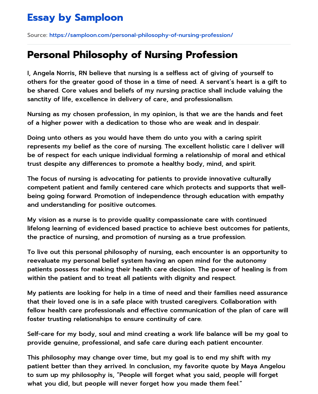 Personal Philosophy of Nursing Profession essay