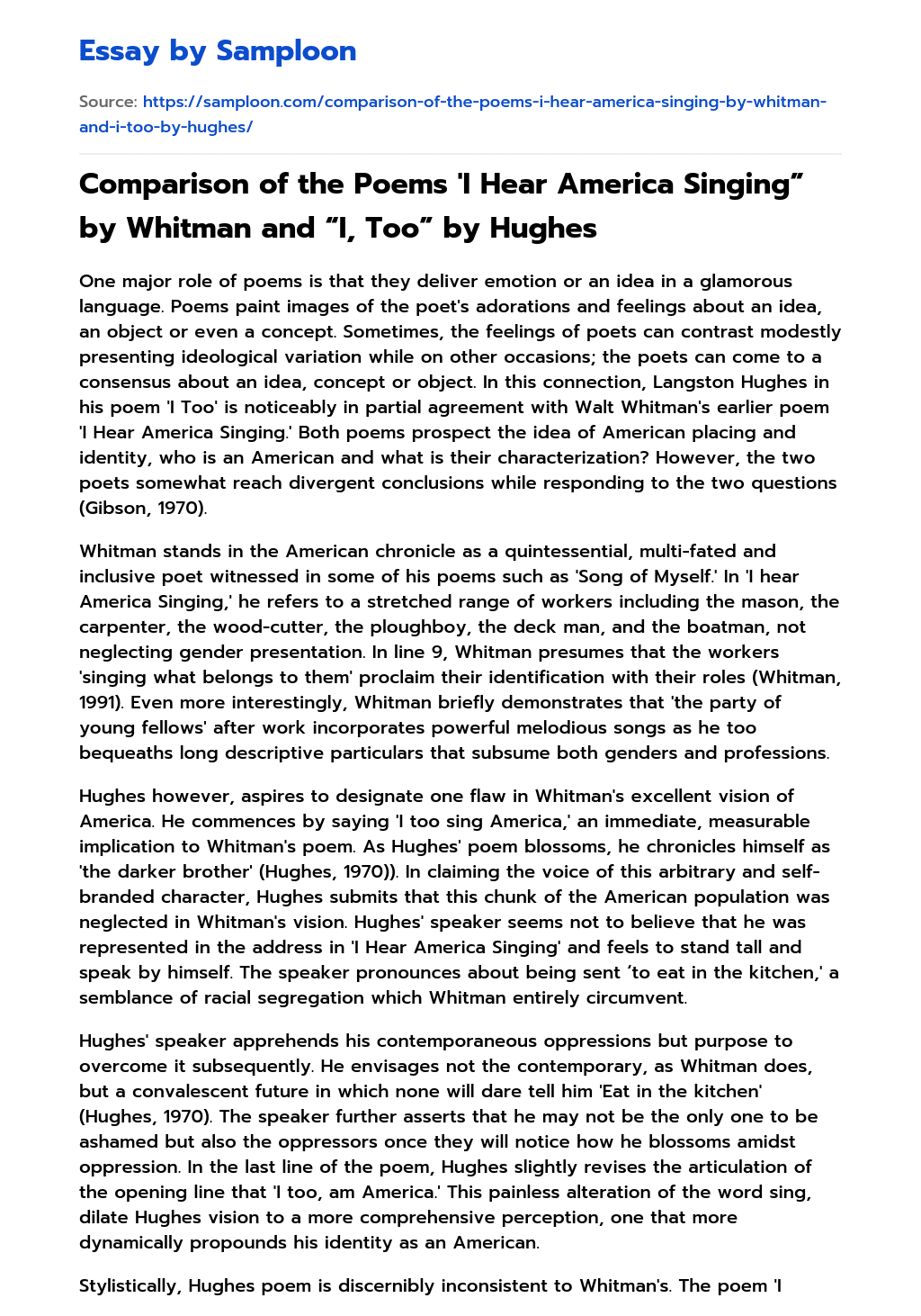 Comparison Of The Poems I Hear America Singing By Whitman And I Too 