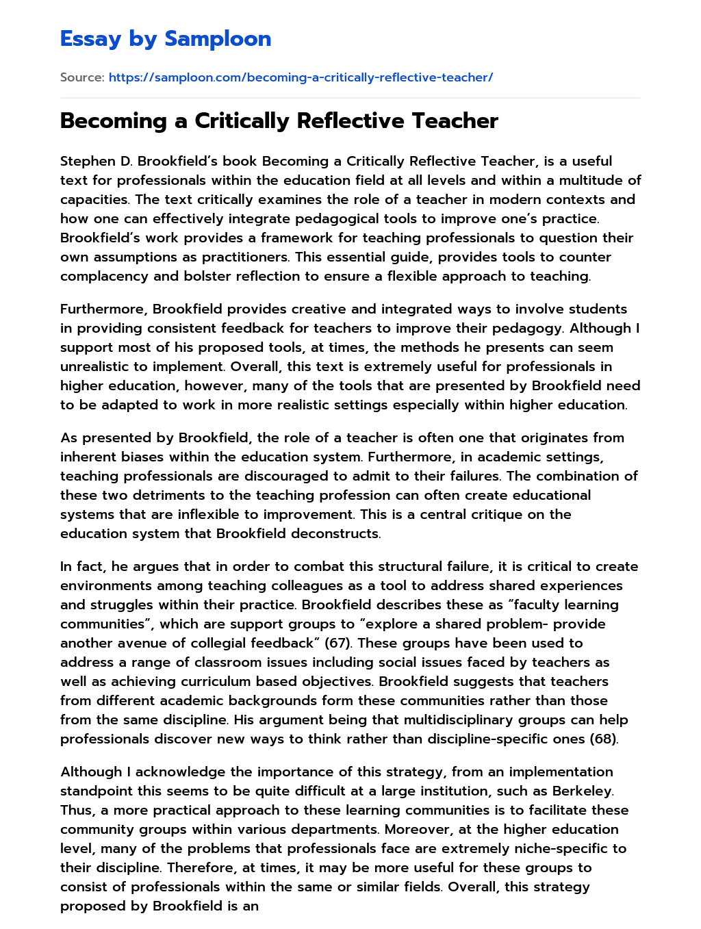 Becoming a Critically Reflective Teacher essay