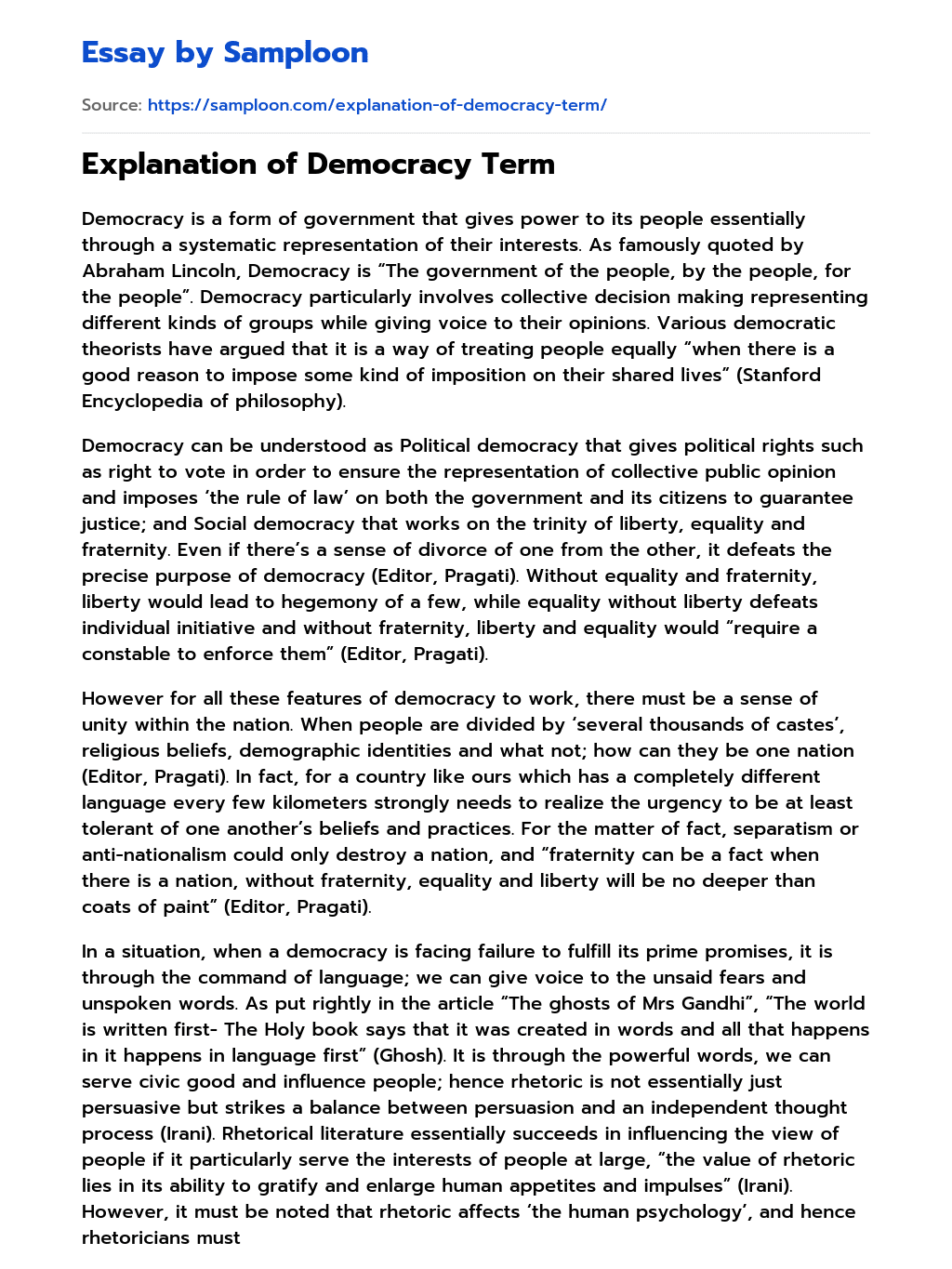 definition of representative democracy essay
