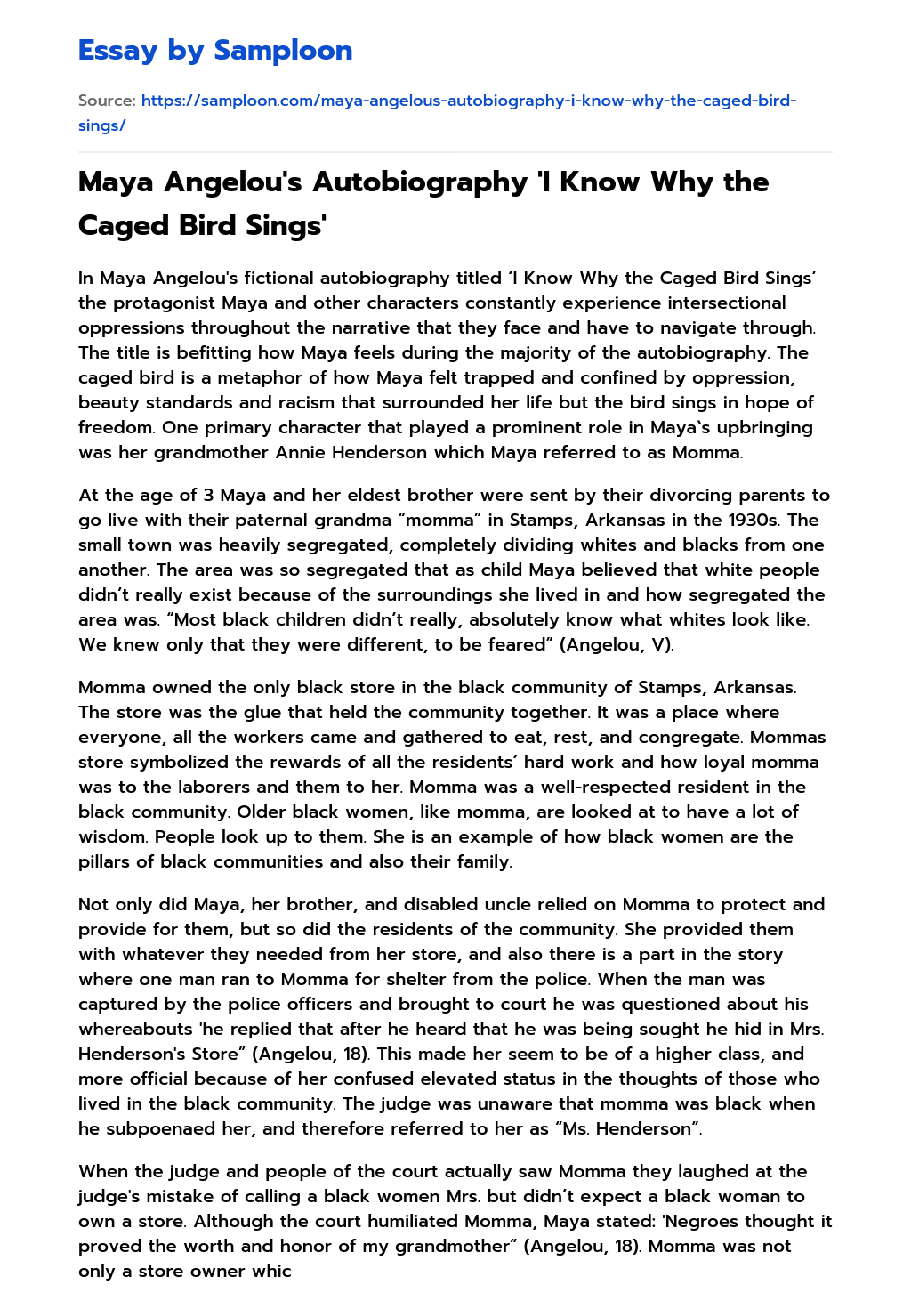 Maya Angelou’s Autobiography ‘I Know Why the Caged Bird Sings’ essay