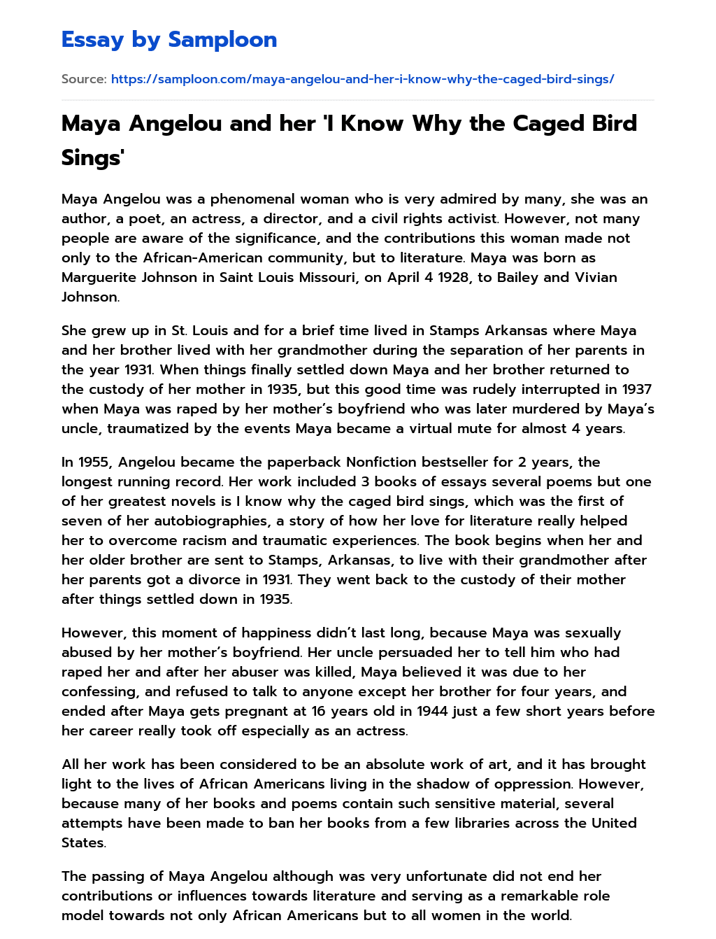 Maya Angelou and her ‘I Know Why the Caged Bird Sings’ essay