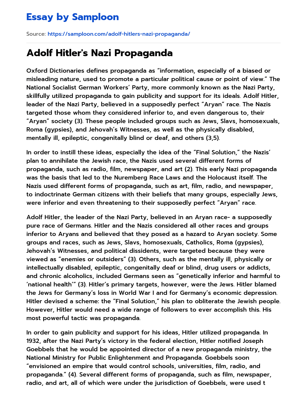 Adolf Hitler’s Nazi Propaganda essay