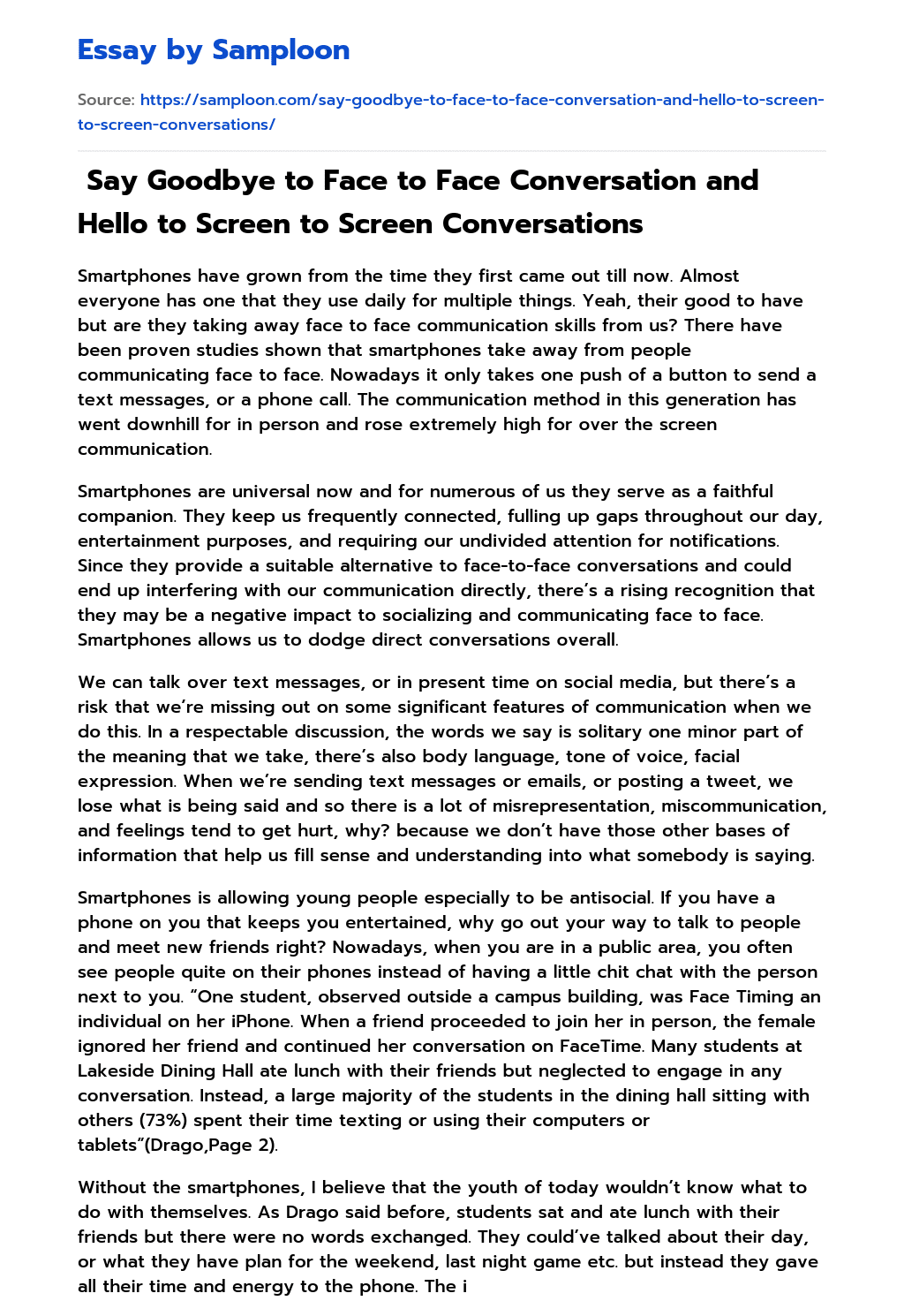  Say Goodbye to Face to Face Conversation and Hello to Screen to Screen Conversations essay