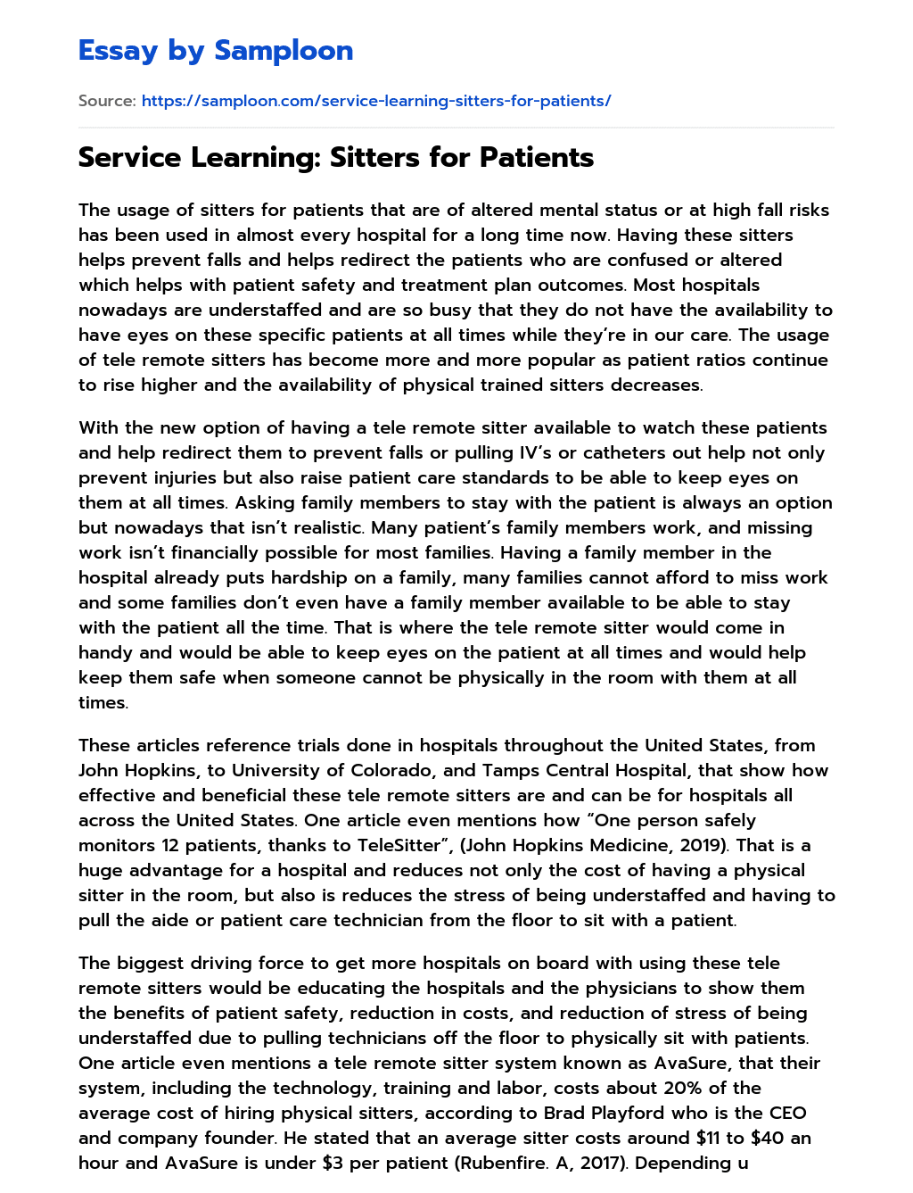 Service Learning: Sitters for Patients essay