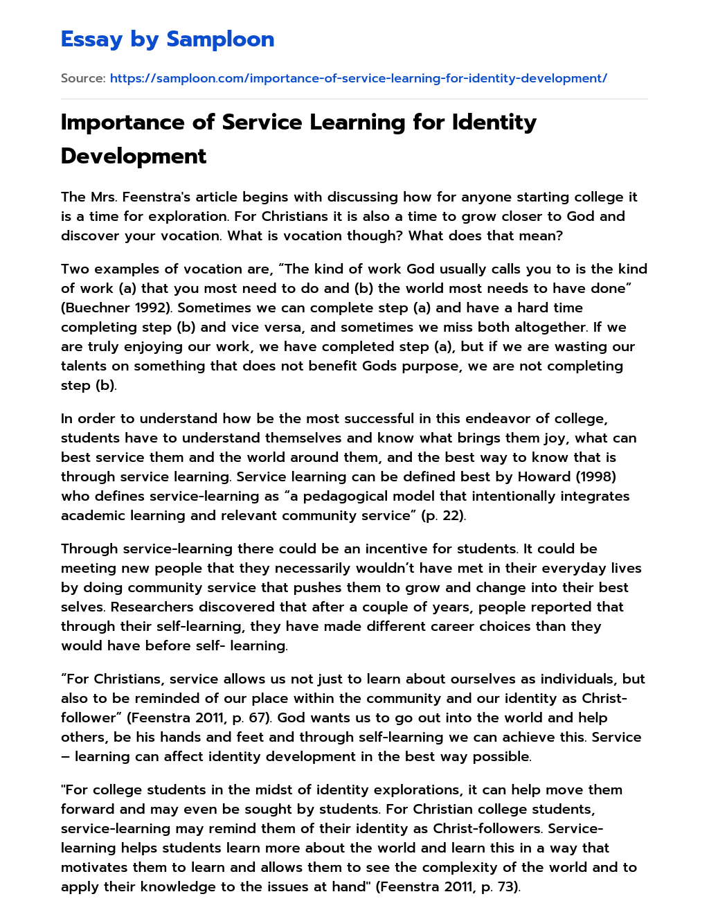 Importance of Service Learning for Identity Development essay