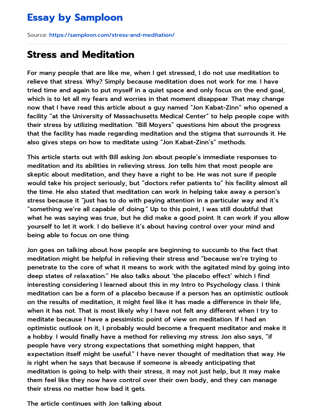 Stress and Meditation essay