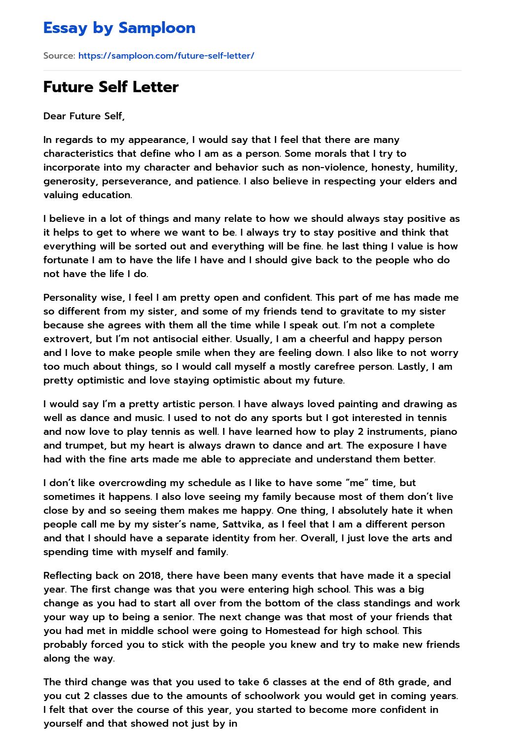 Future Self Letter essay