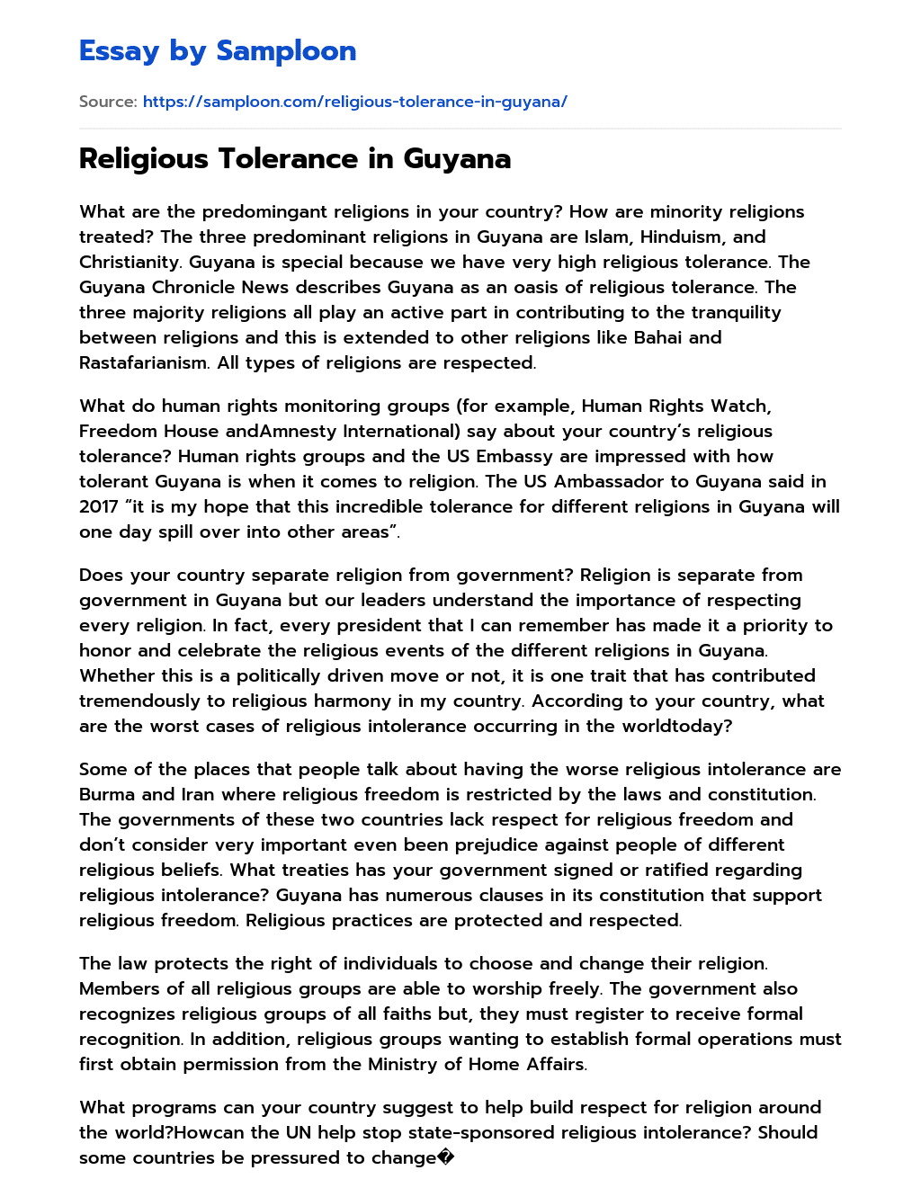 Religious Tolerance in Guyana essay