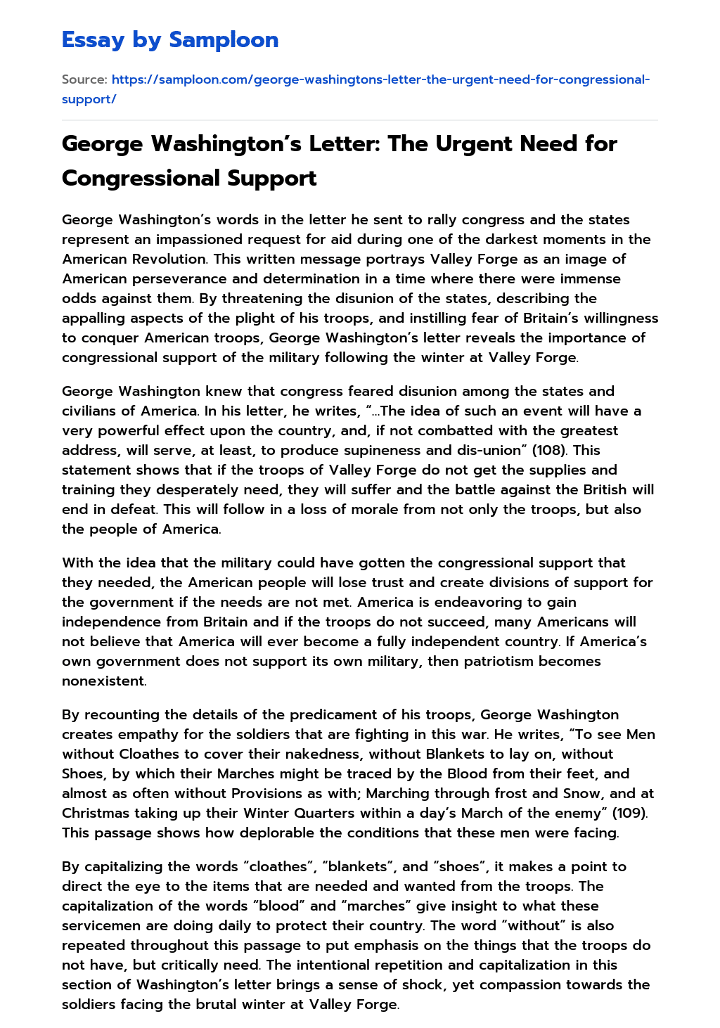 George Washington’s Letter: The Urgent Need for Congressional Support essay