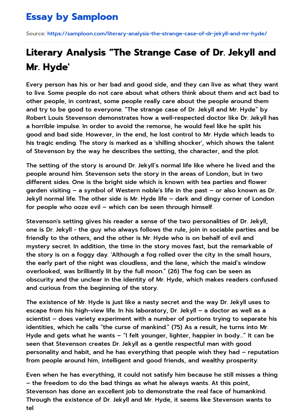 analytical essay dr jekyll and mr hyde