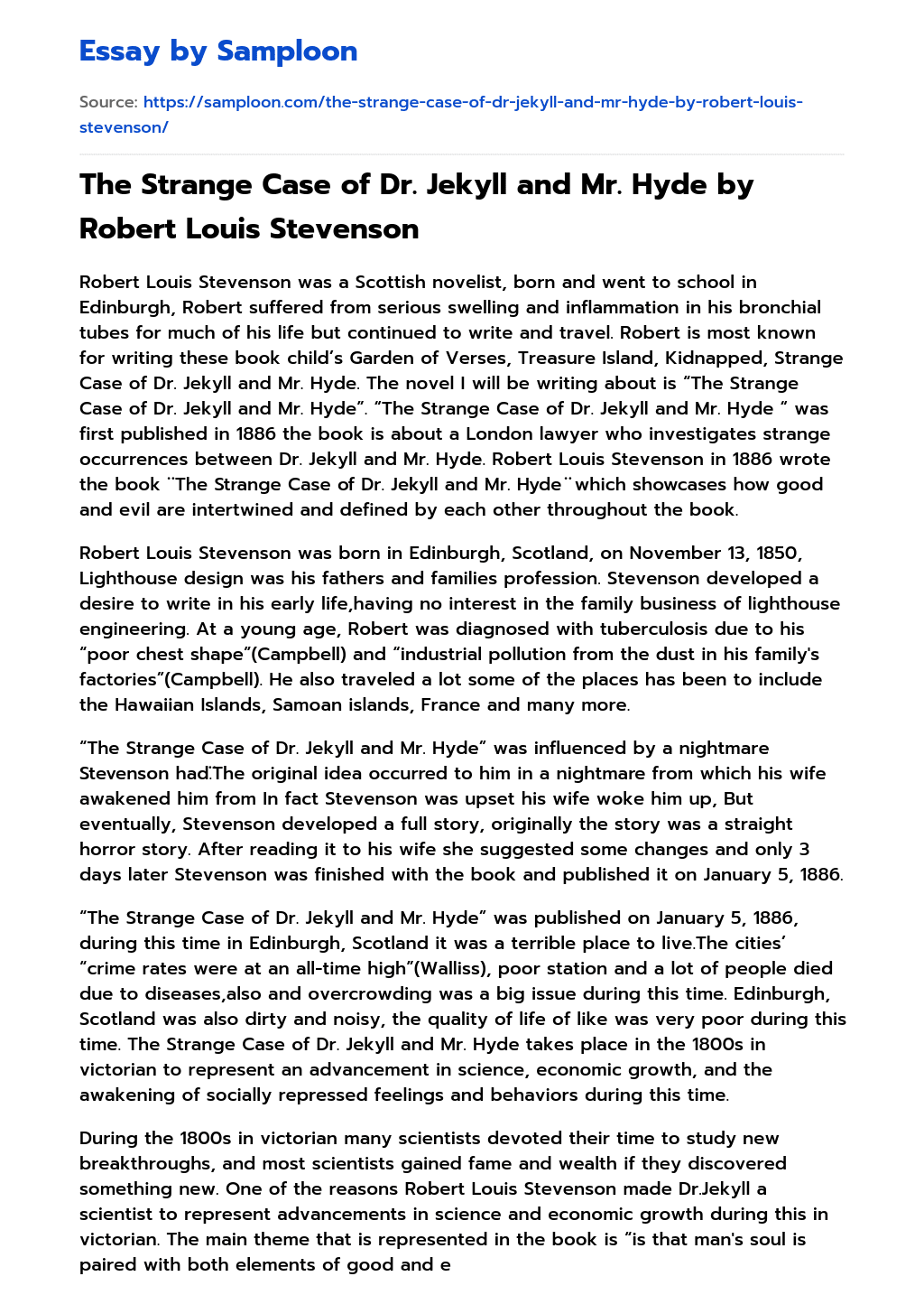 The Strange Case of Dr. Jekyll and Mr. Hyde by Robert Louis Stevenson Reflective Essay essay