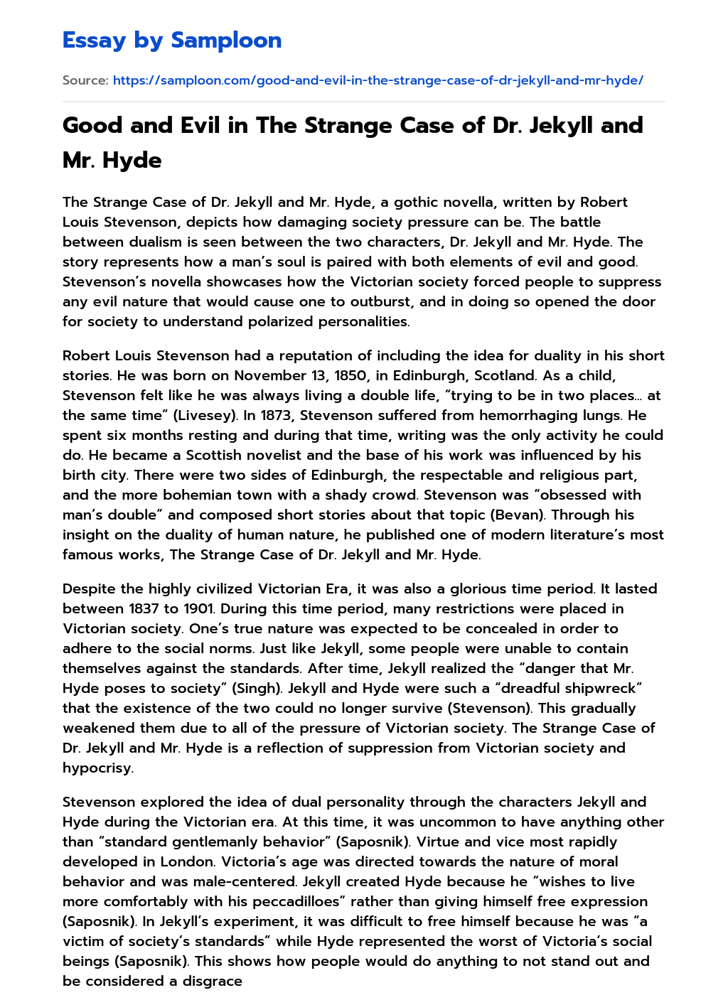 Good and Evil in The Strange Case of Dr. Jekyll and Mr. Hyde essay
