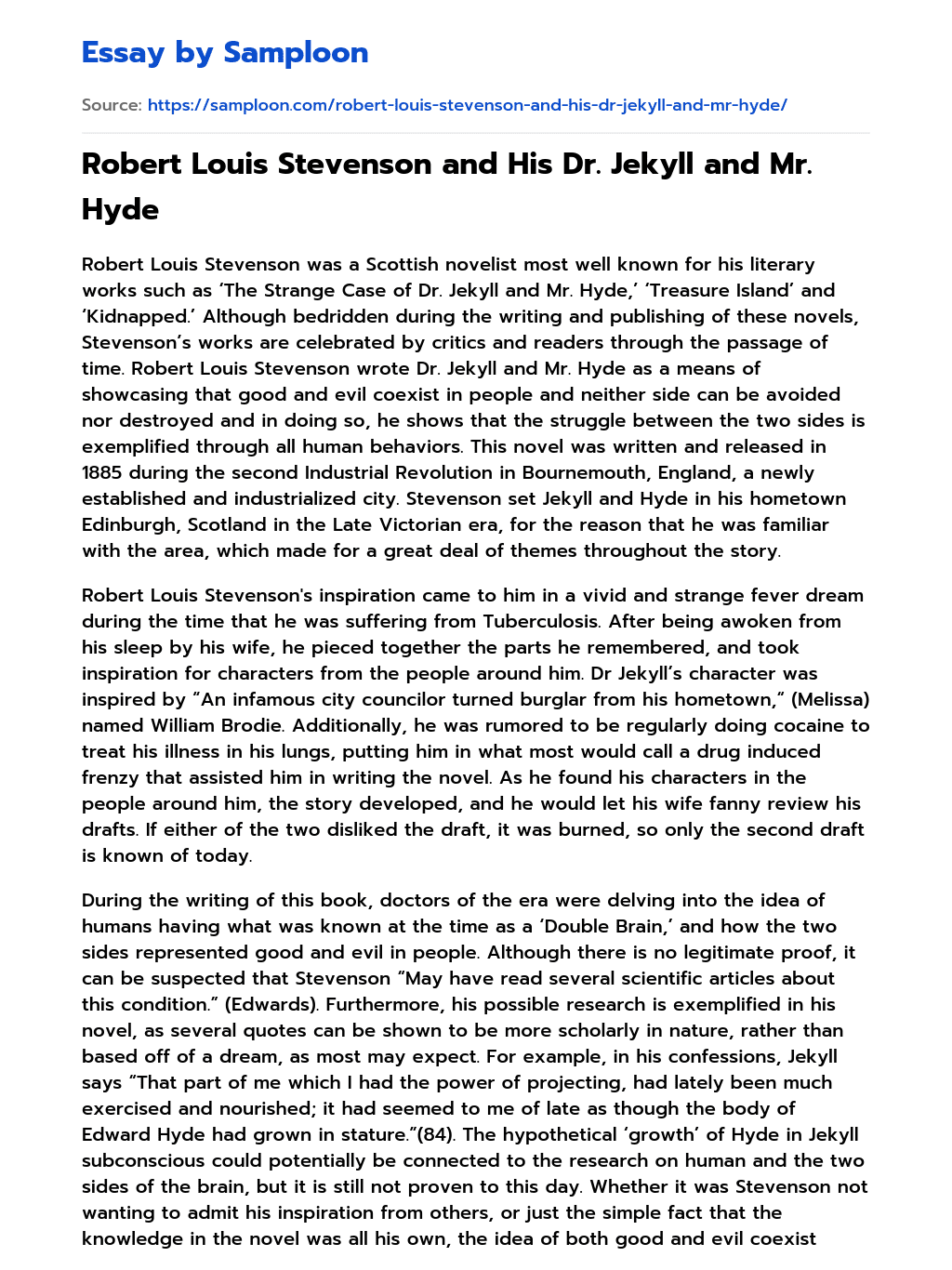 Robert Louis Stevenson and His Dr. Jekyll and Mr. Hyde Analytical Essay essay