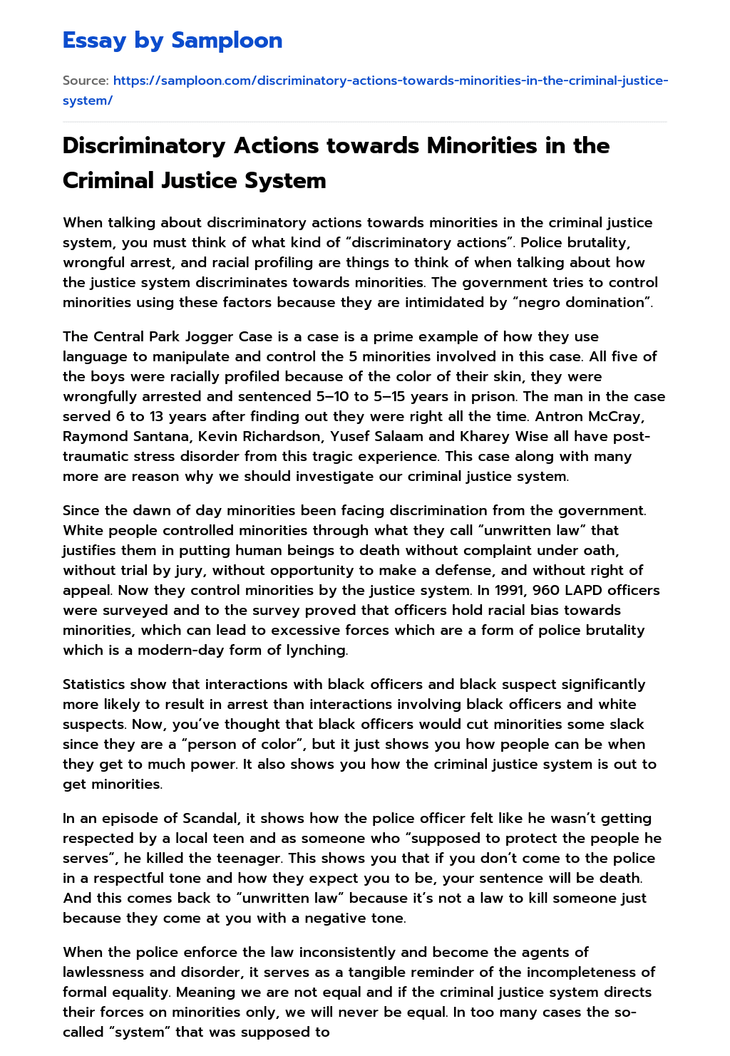 Discriminatory Actions towards Minorities in the Criminal Justice System essay