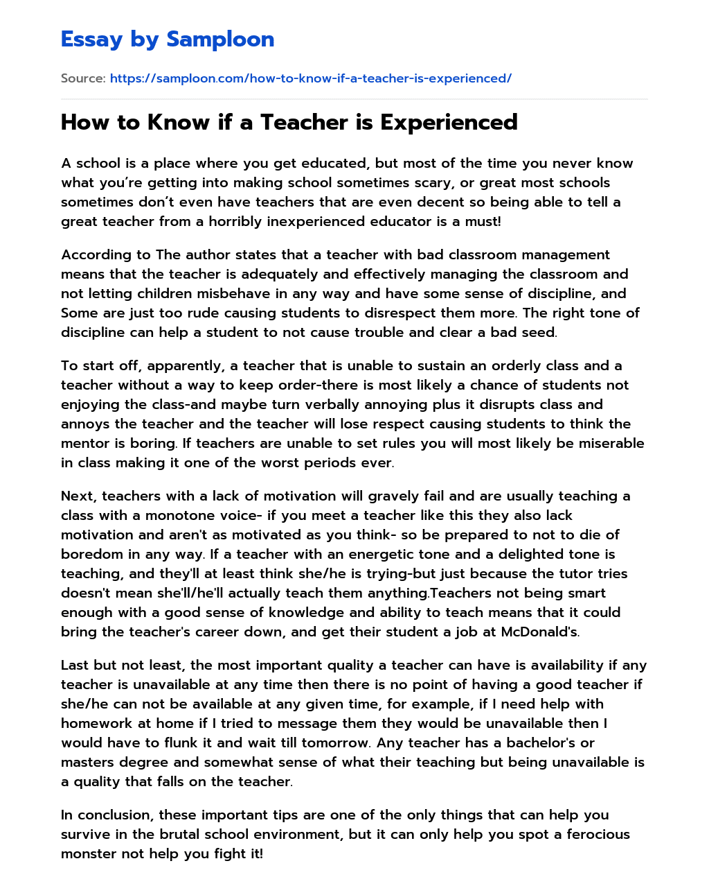 How to Know if a Teacher is Experienced essay