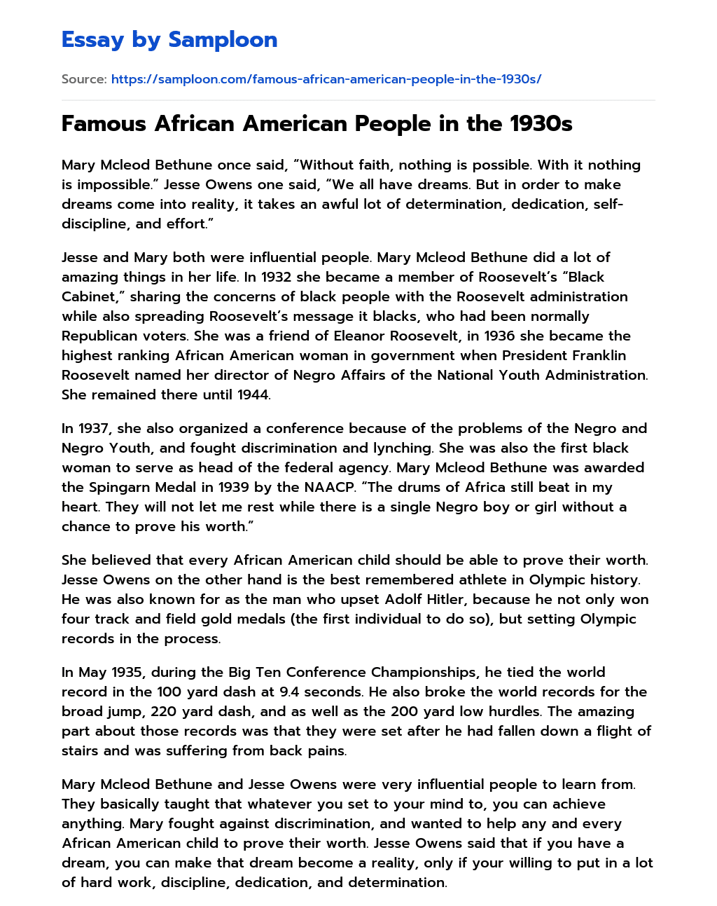 Famous African American People in the 1930s  essay