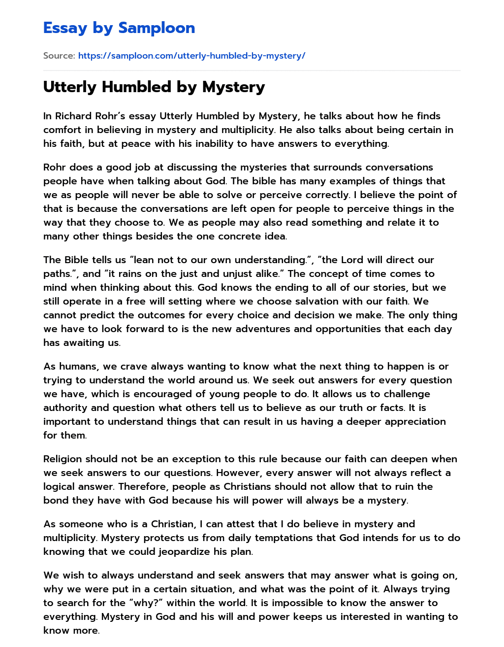 Utterly Humbled by Mystery essay
