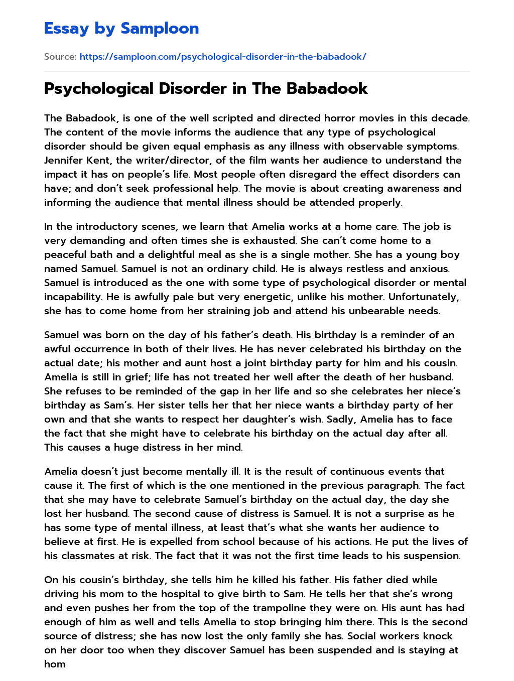 Psychological Disorder in The Babadook essay