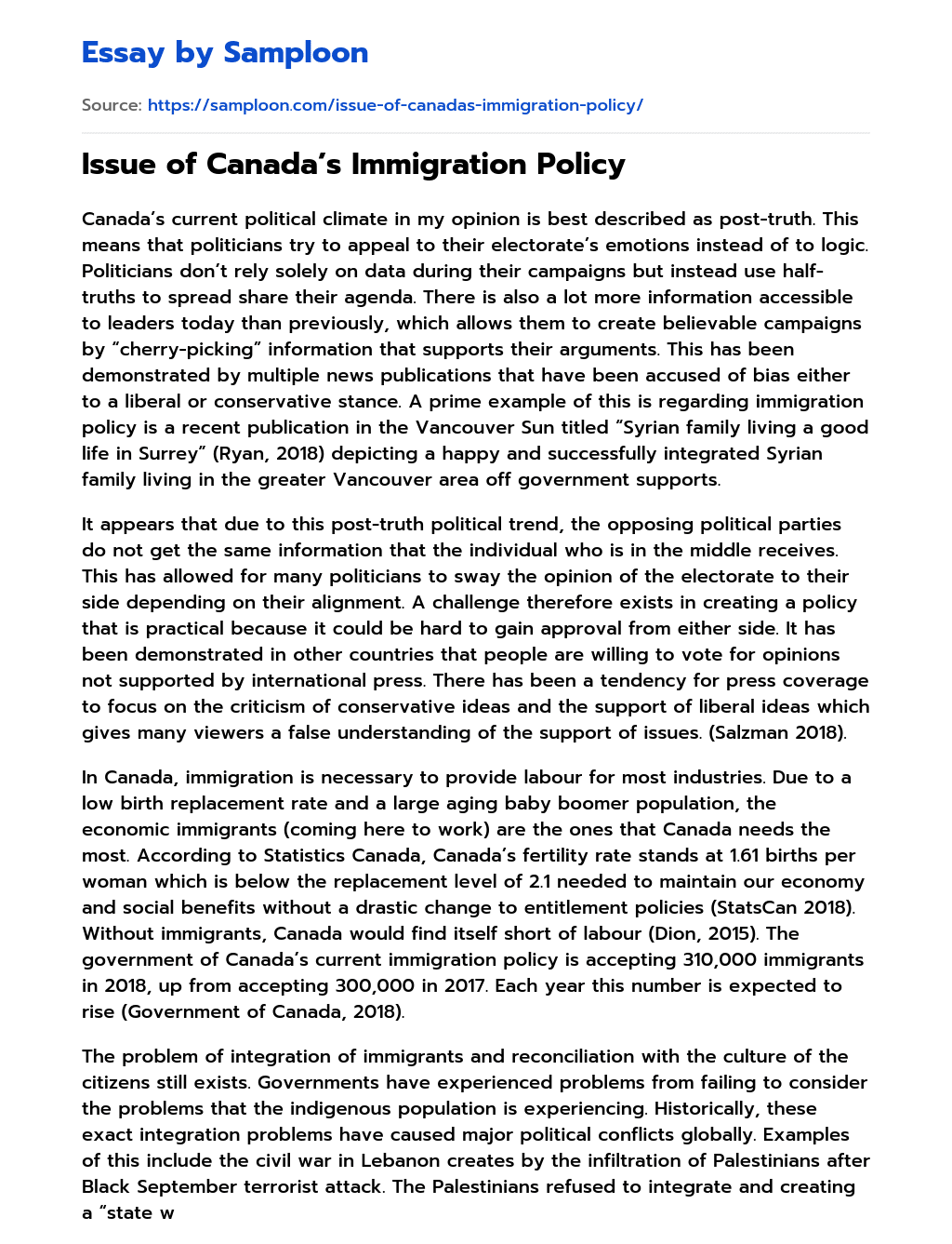 Issue of Canada’s Immigration Policy essay