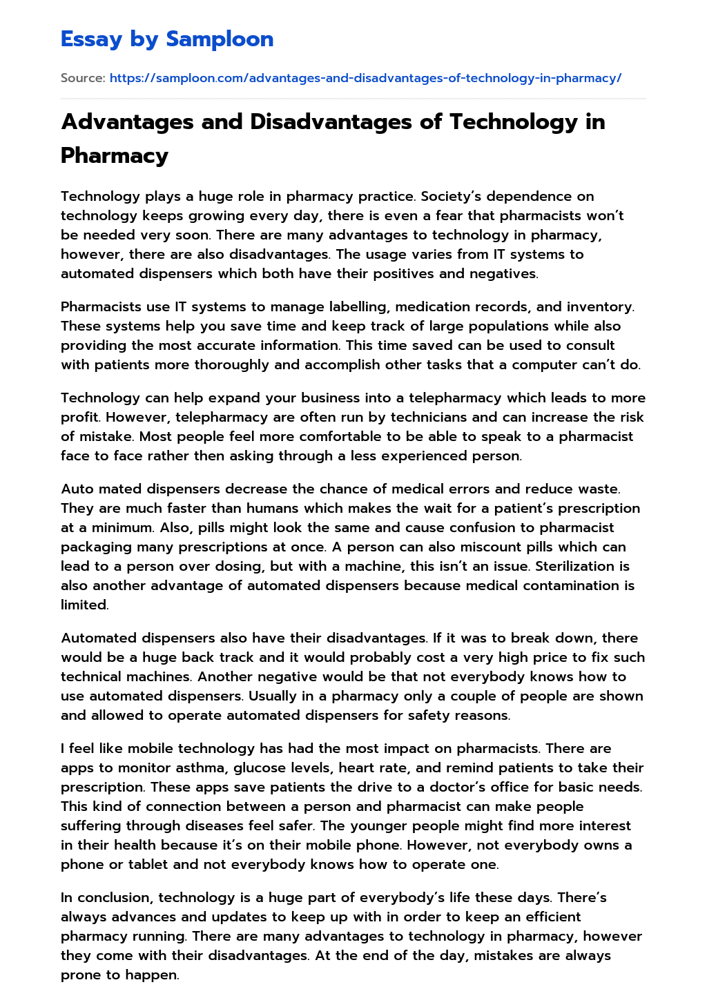 example of pharmacy essay