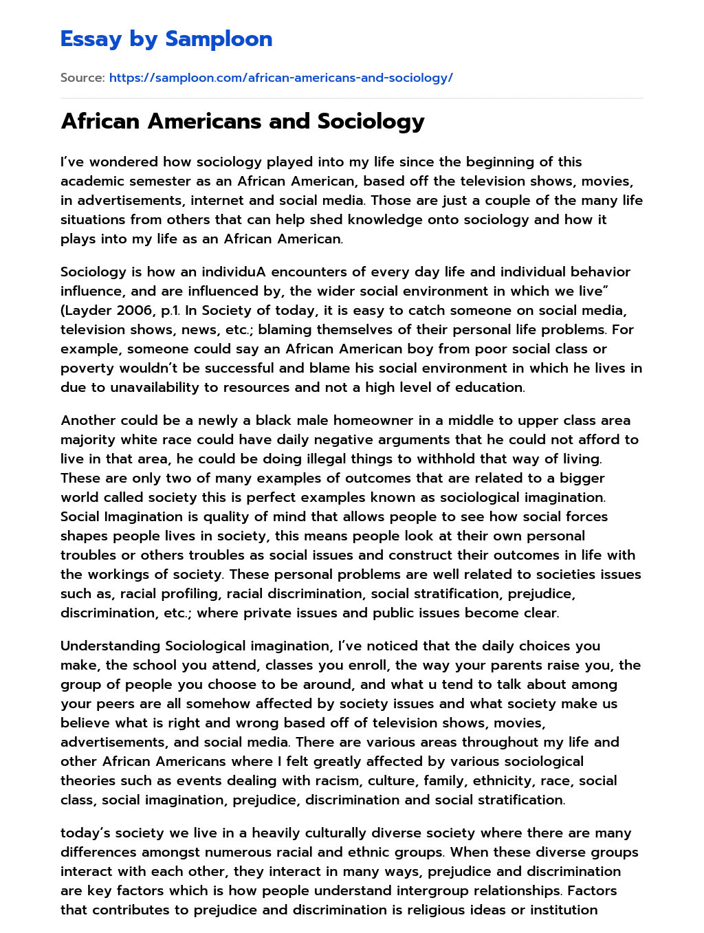 African Americans and Sociology essay