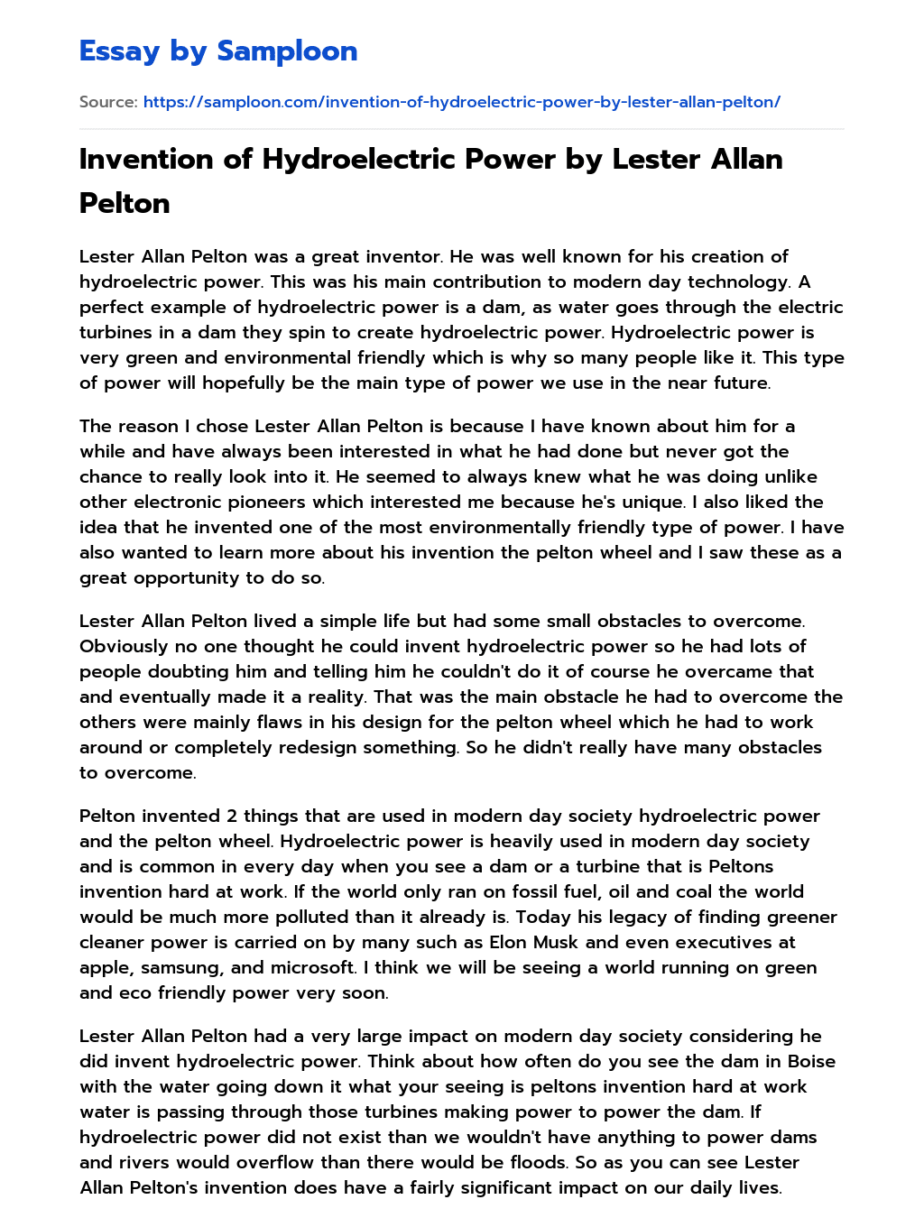 Invention of Hydroelectric Power by Lester Allan Pelton essay