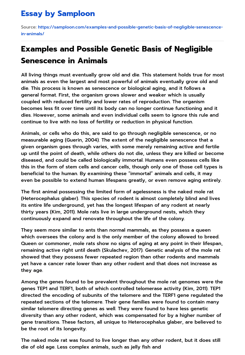 Examples and Possible Genetic Basis of Negligible Senescence in Animals essay