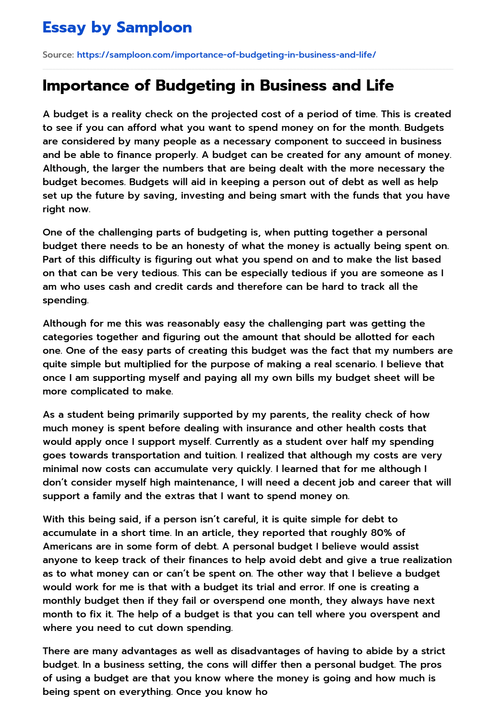  Importance Of Budgeting In Business And Life Free Essay Sample On 