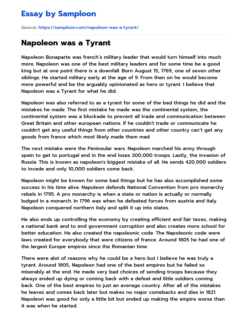 Napoleon was a Tyrant essay