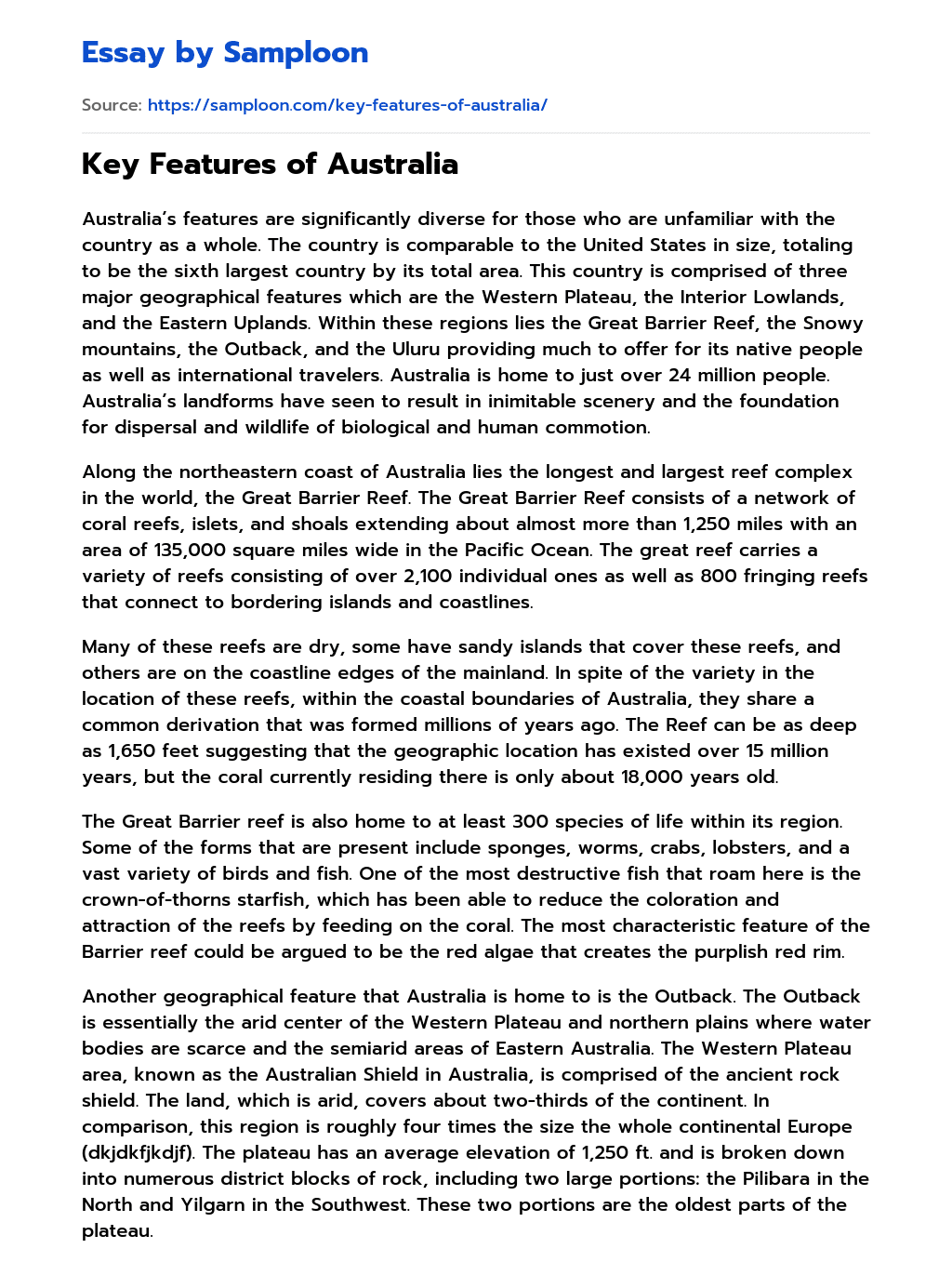 Key Features of Australia essay