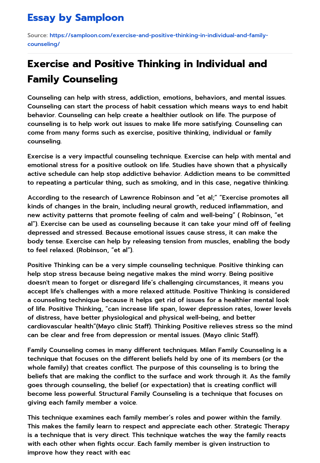 Exercise and Positive Thinking in Individual and Family Counseling essay