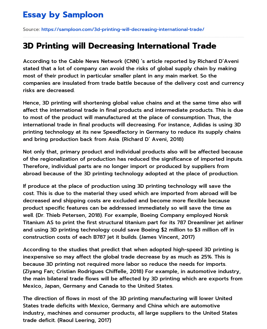 3D Printing will Decreasing International Trade essay