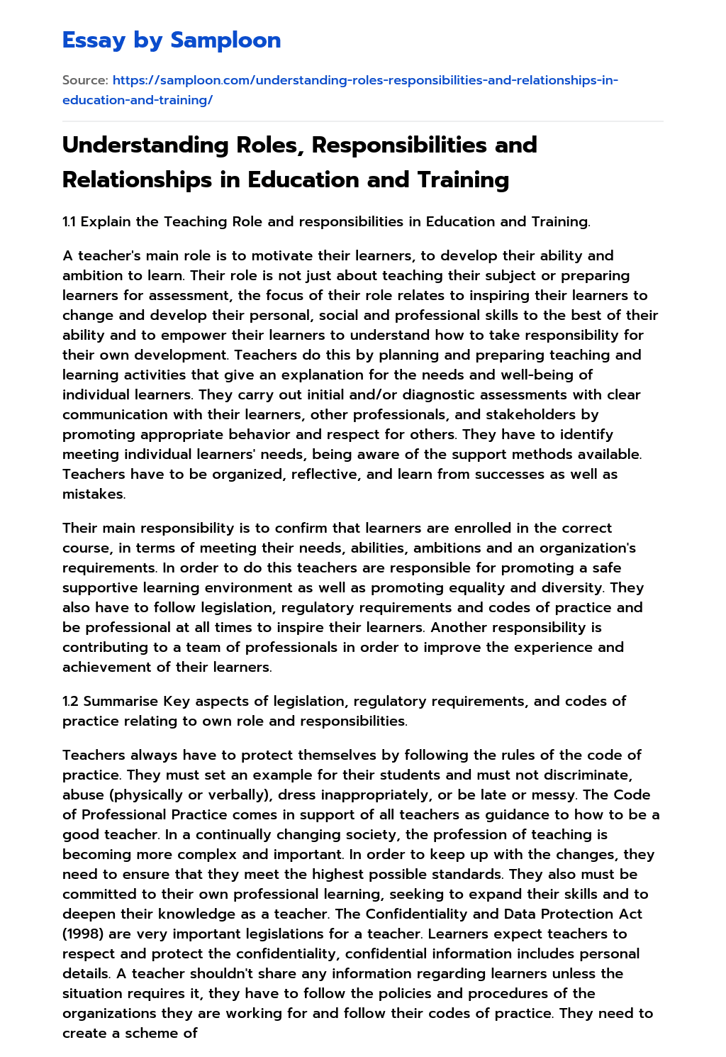 Understanding Roles, Responsibilities and Relationships in Education and Training essay