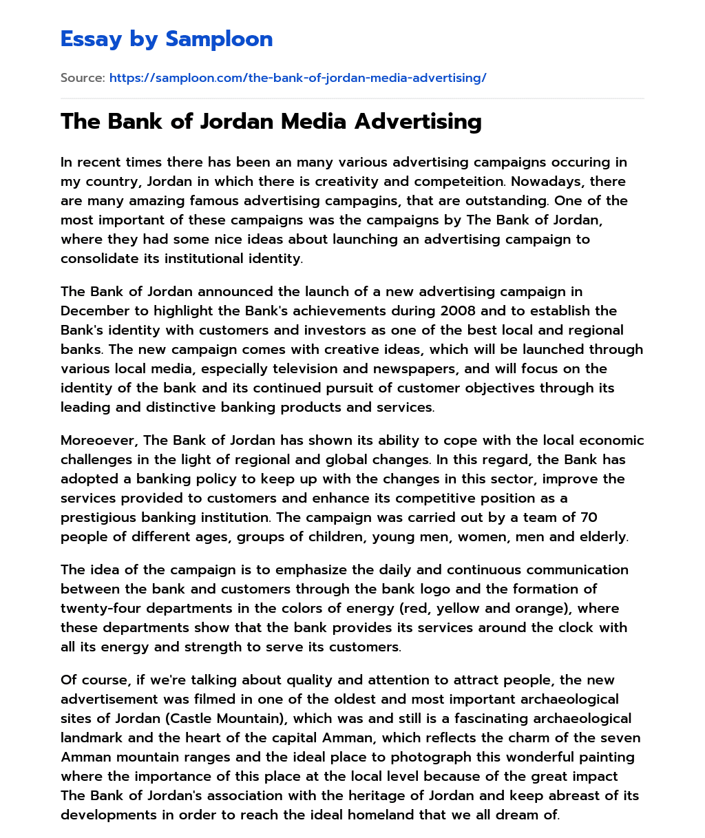The Bank of Jordan Media Advertising essay