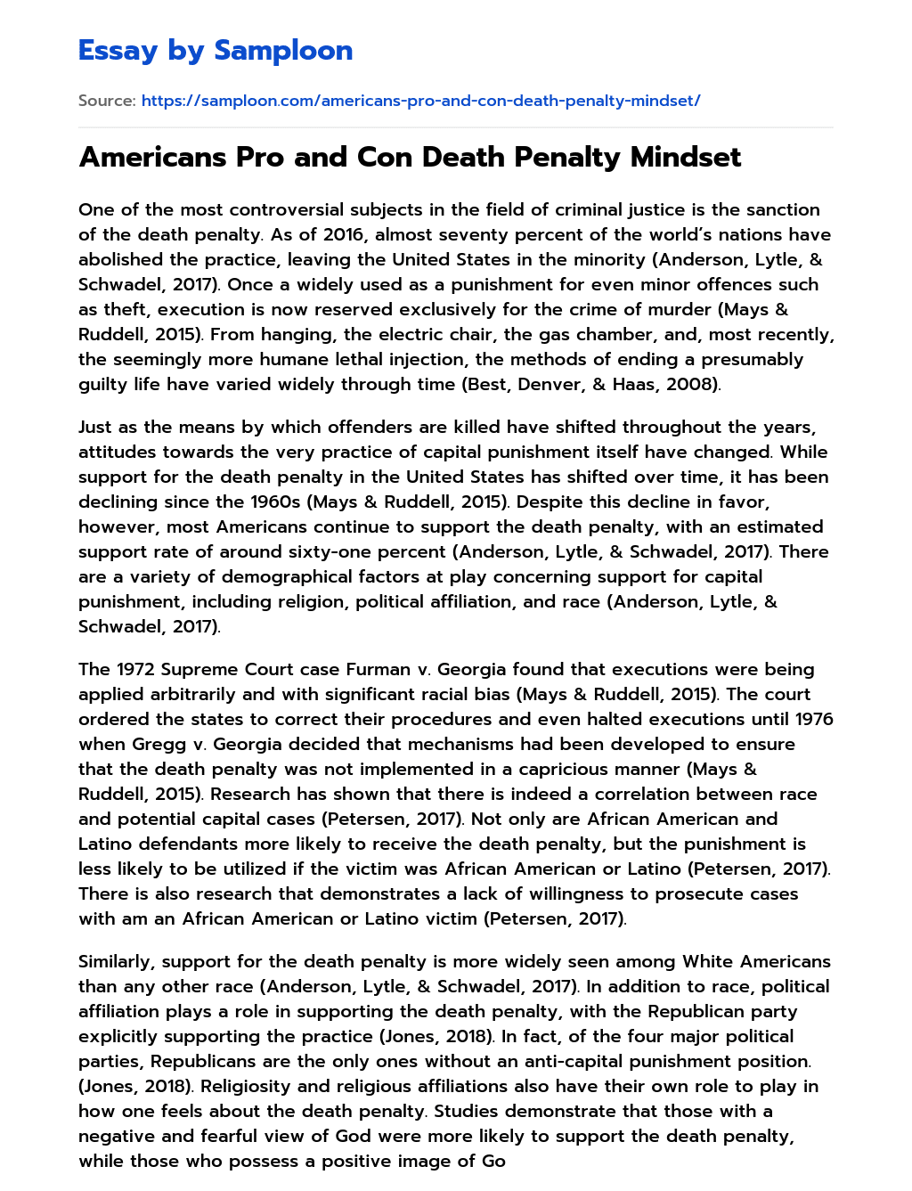 Americans Pro and Con Death Penalty Mindset essay