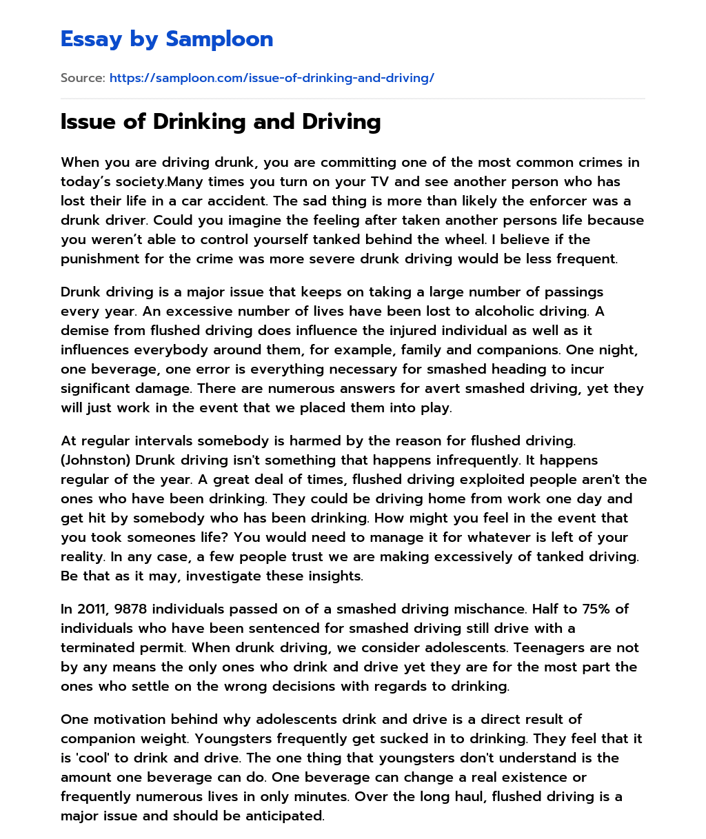 Issue of Drinking and Driving essay