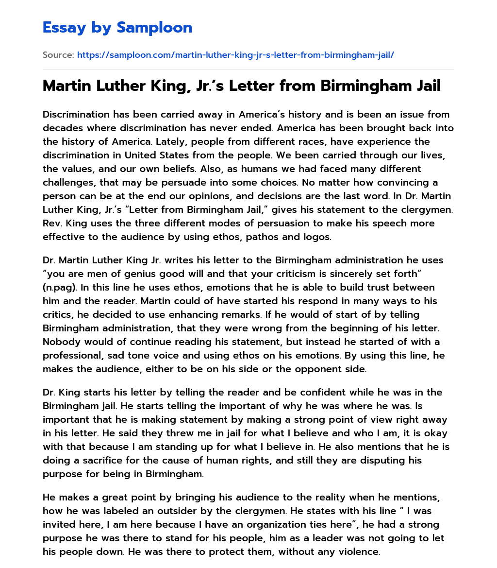 Martin Luther King, Jr.’s Letter from Birmingham Jail Rhetorical Analysis essay