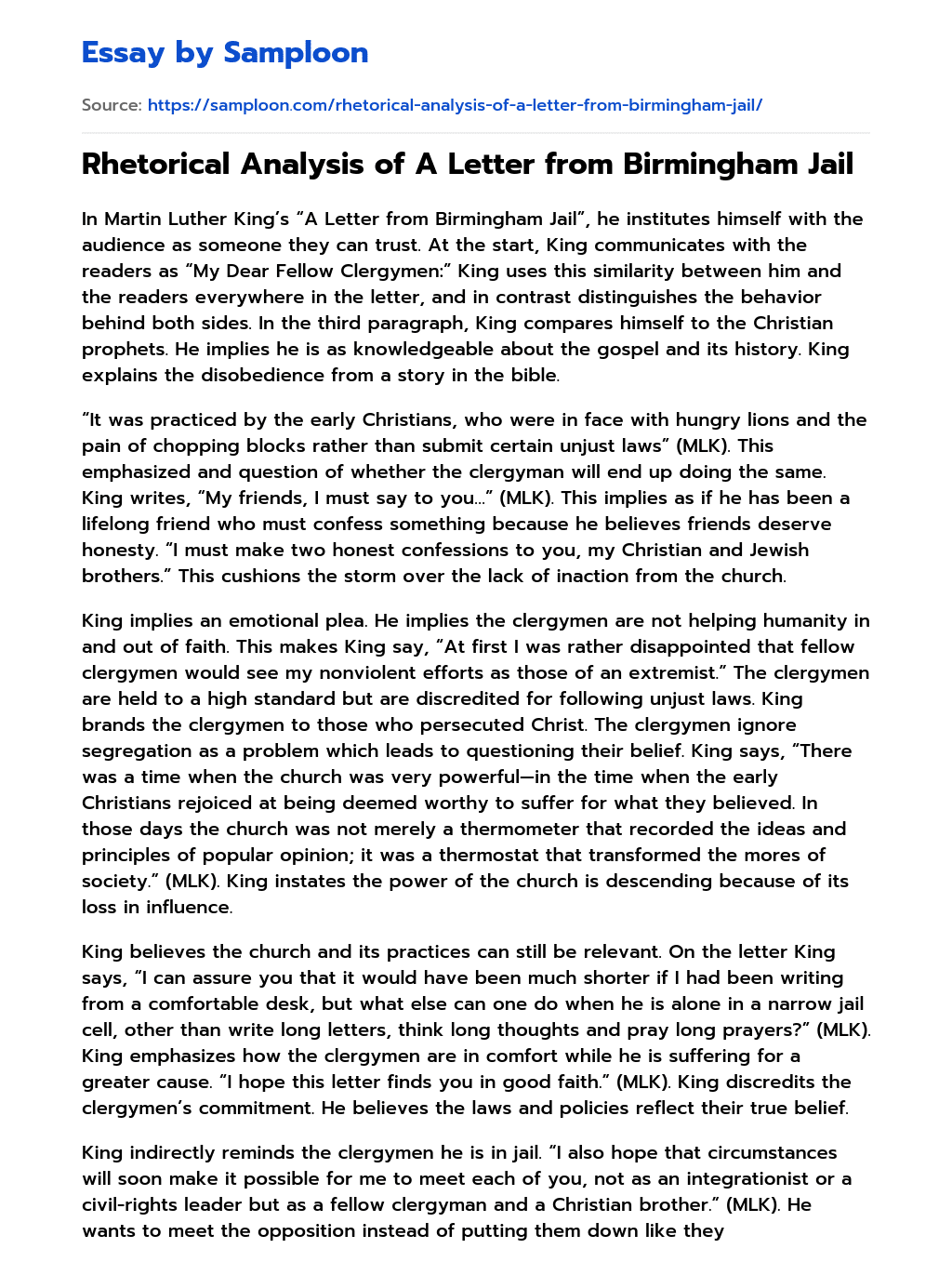  Rhetorical Analysis Of A Letter From Birmingham Jail Free Essay 