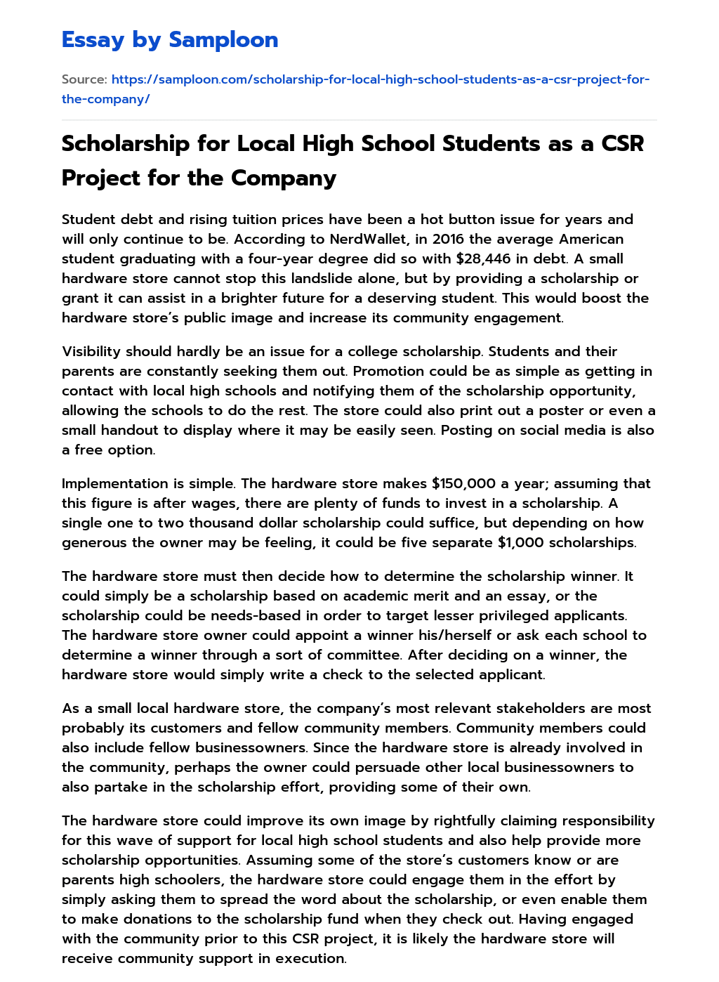 Scholarship for Local High School Students as a CSR Project for the Company essay