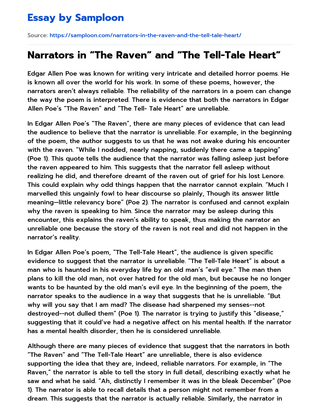 Narrators in “The Raven” and “The Tell-Tale Heart” essay