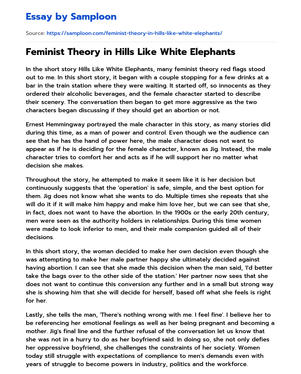 Feminist Theory in Hills Like White Elephants essay
