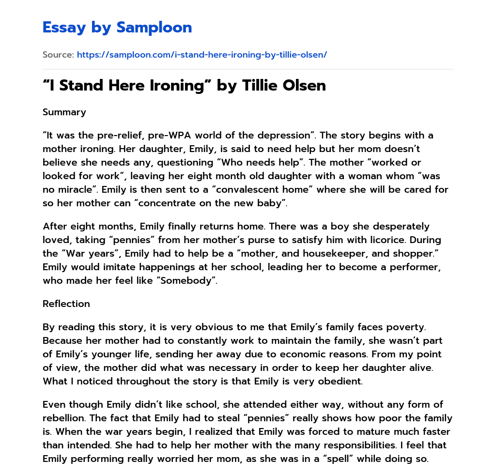 “I Stand Here Ironing” by Tillie Olsen Summary essay
