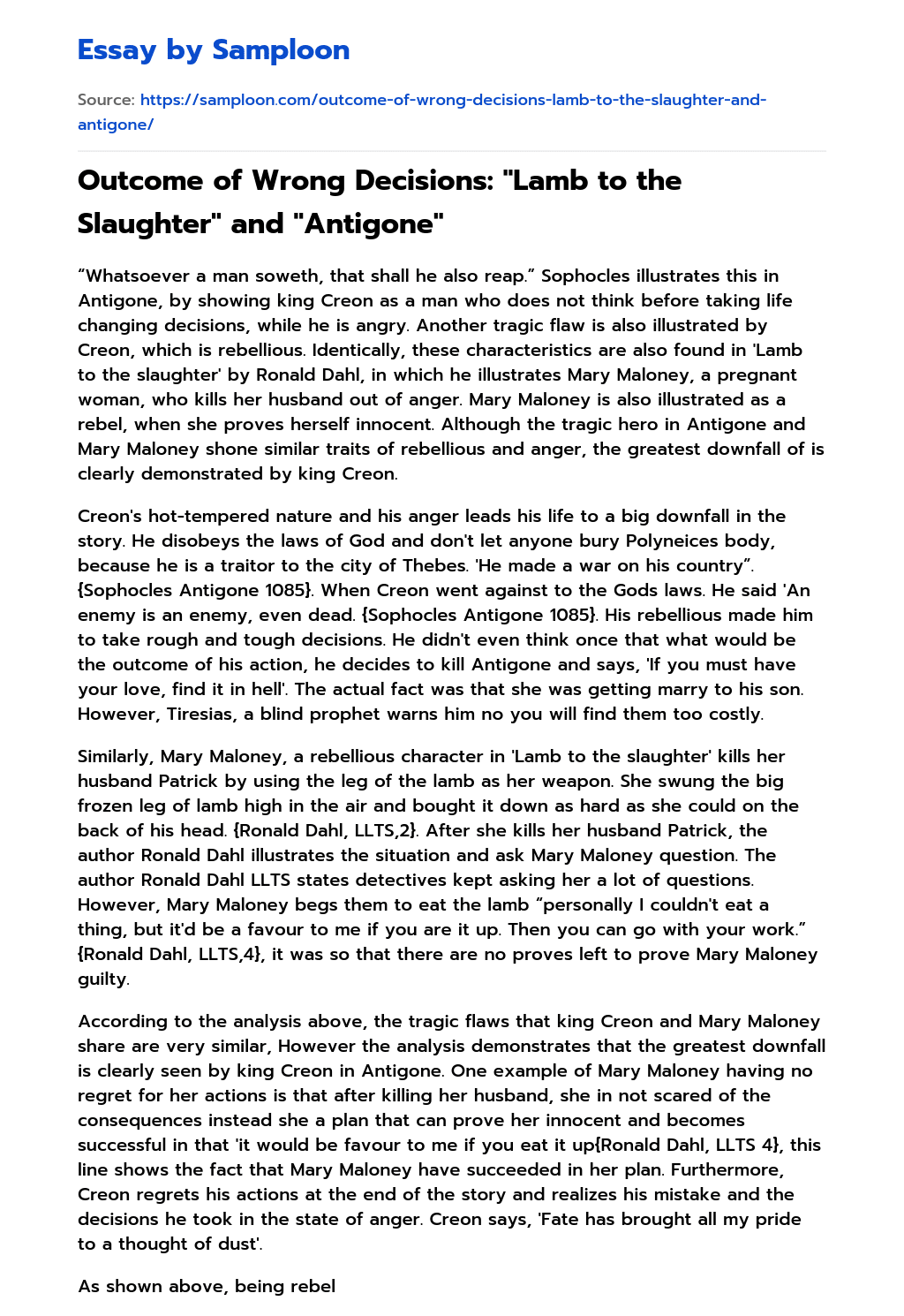 Outcome of Wrong Decisions: “Lamb to the Slaughter” and “Antigone” Analytical Essay essay