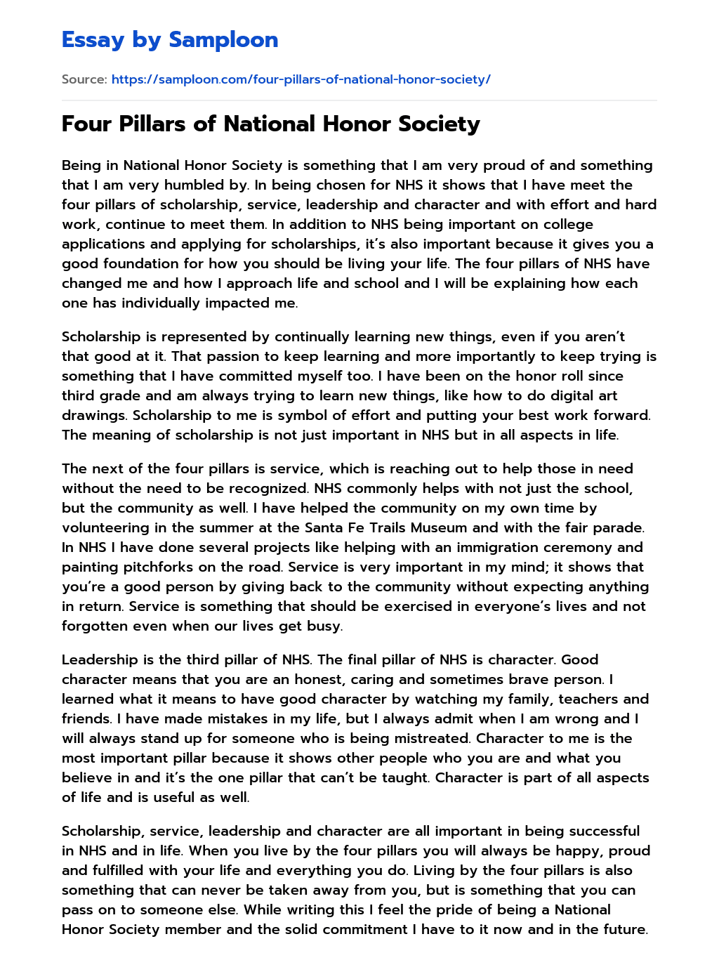 Four Pillars Of National Honor Society Free Essay Sample On Samploon