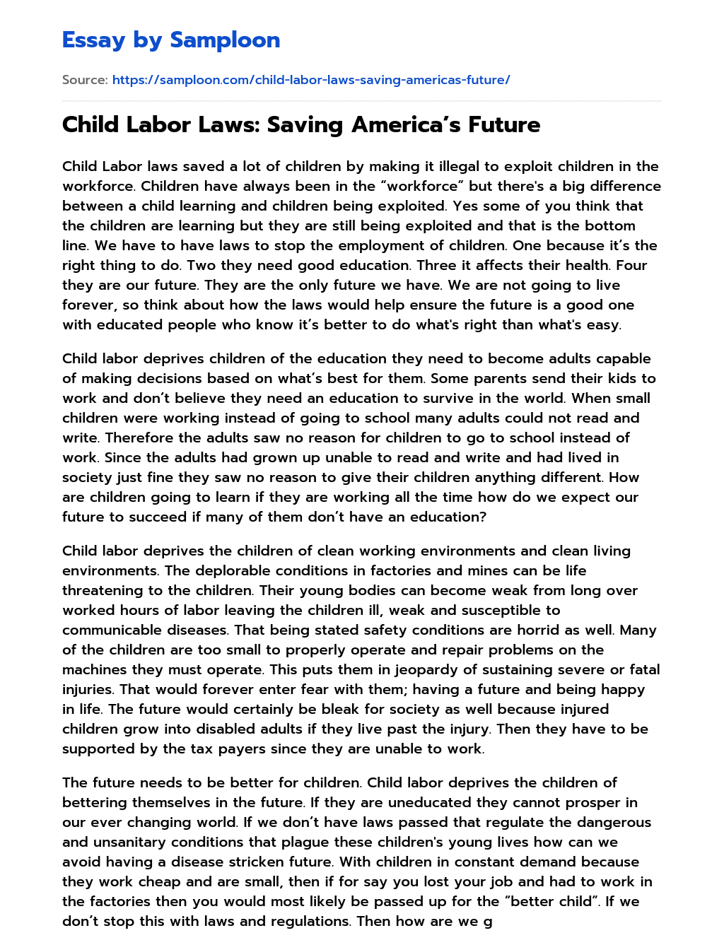 Child Labor Laws: Saving America’s Future essay