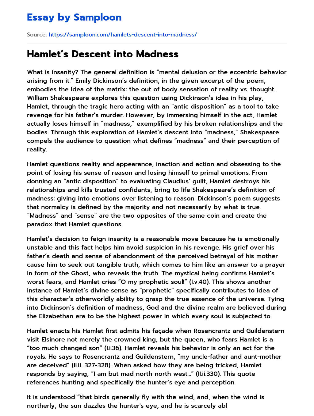 Hamlet’s Descent into Madness Argumentative Essay essay