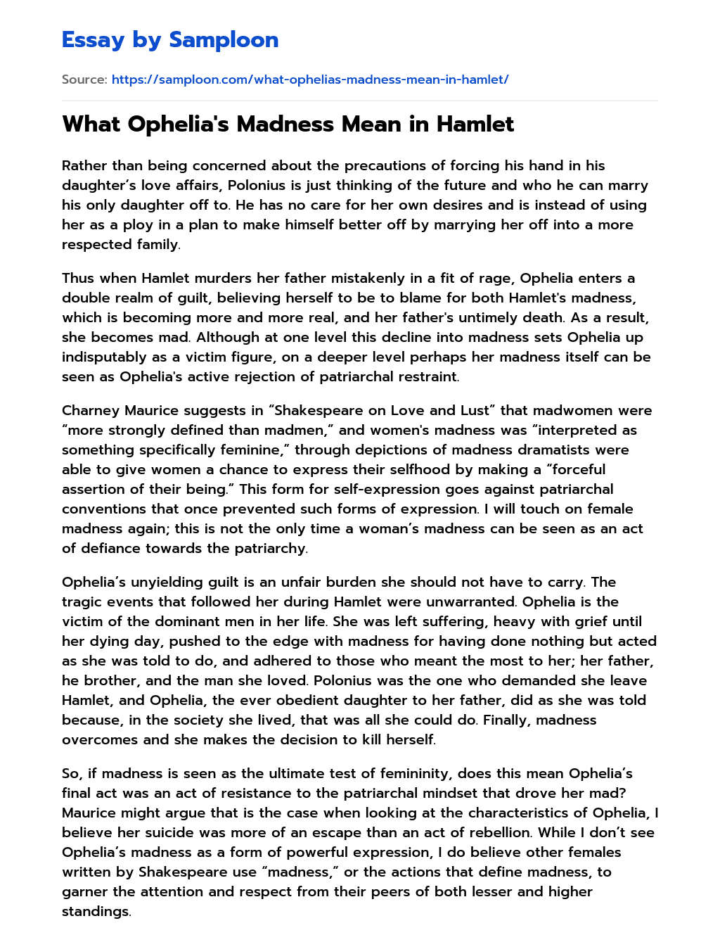 What Ophelia’s Madness Mean in Hamlet essay