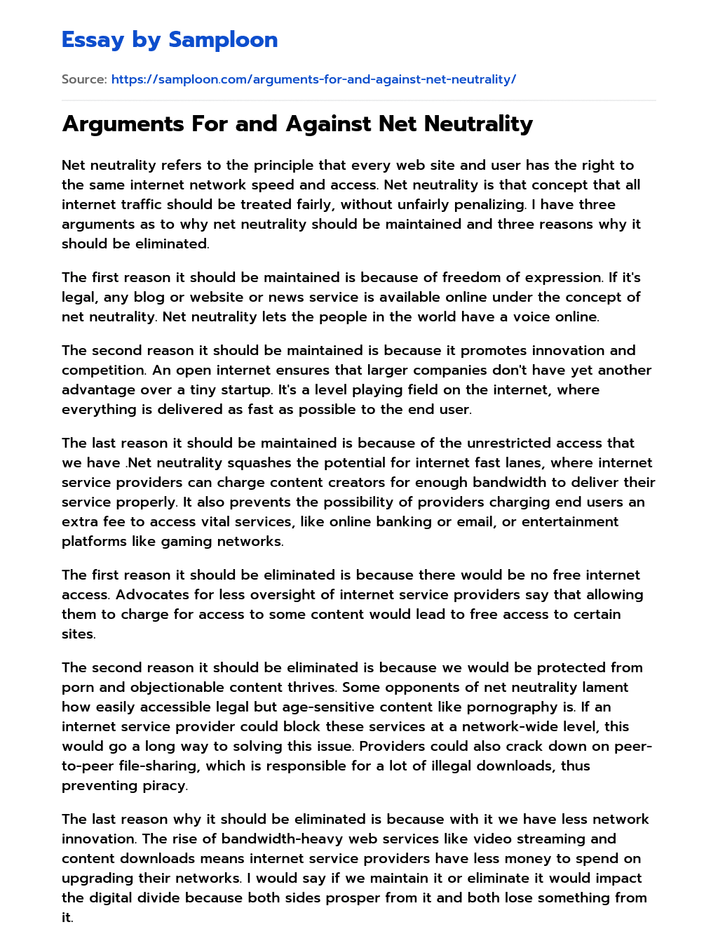 Arguments For and Against Net Neutrality essay