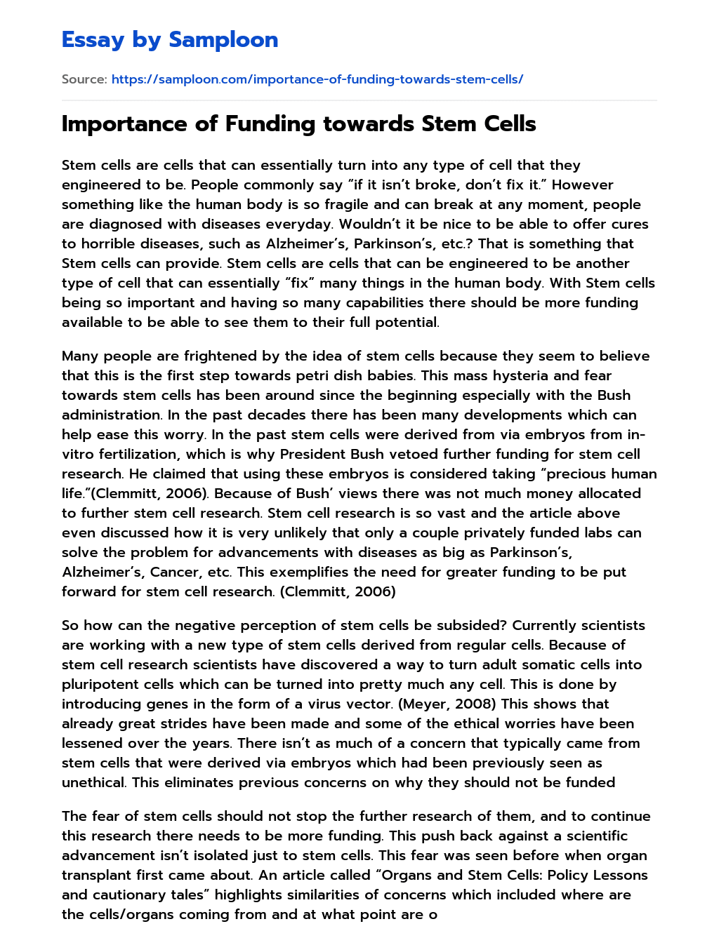 Importance of Funding towards Stem Cells essay